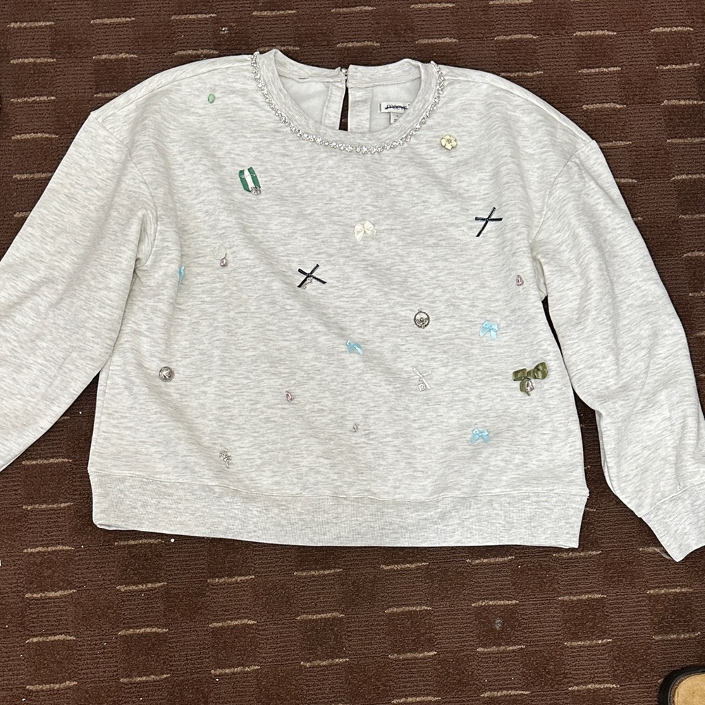 Anthropologie-Maeve- Gray Embellished Sweatshirt with Bead Accents
